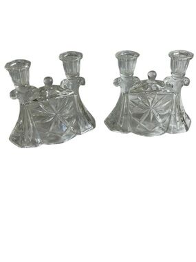 Vintage Anchor Hocking 80s Double Candle Holders Clear Pressed Glass Set of 2
